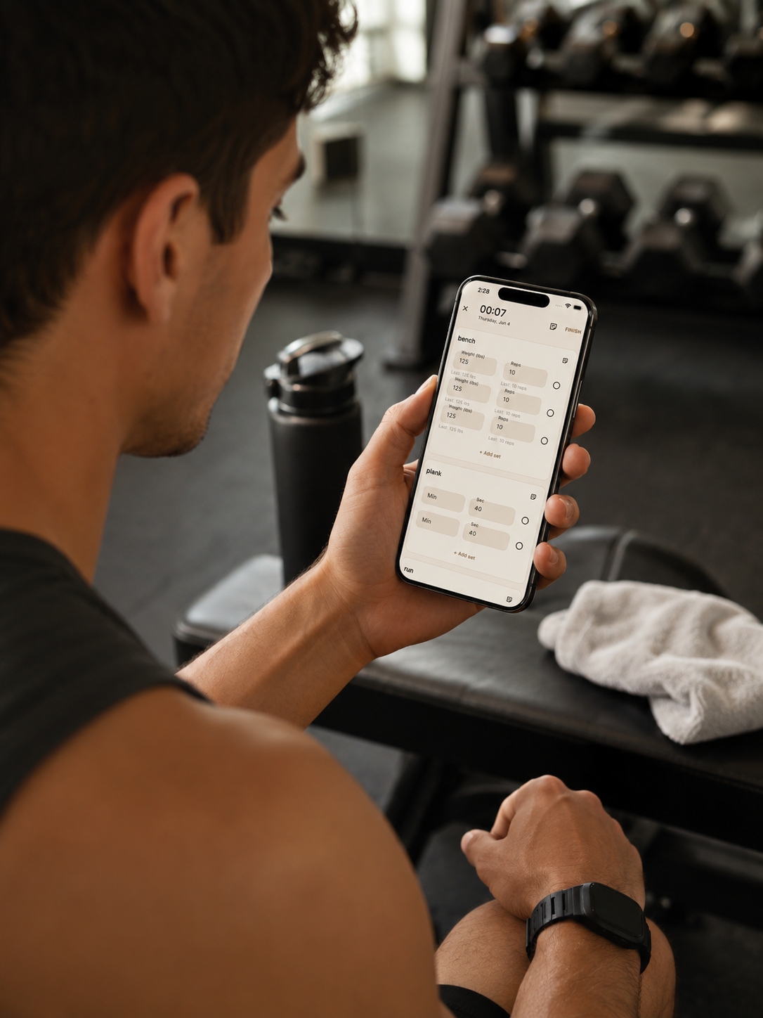 Logging a bench, plank, and run in a single Bamboo session at the gym